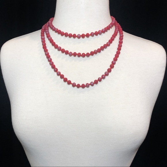 Super Long Red Glass Beaded Necklace Earrings Set - Picture 5 of 7